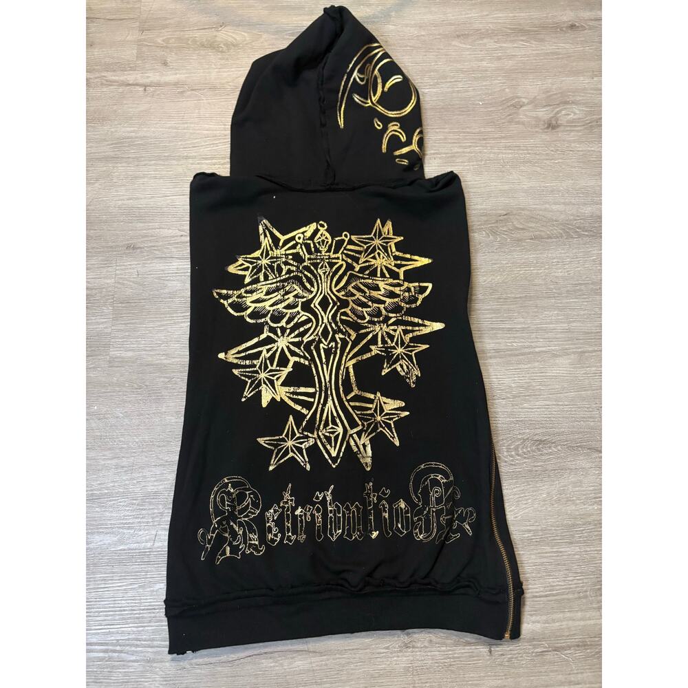 Vintage Y2K Men's Retribution Sleeveless‎ Full Zip Hoodie M Gold Rocker Glam